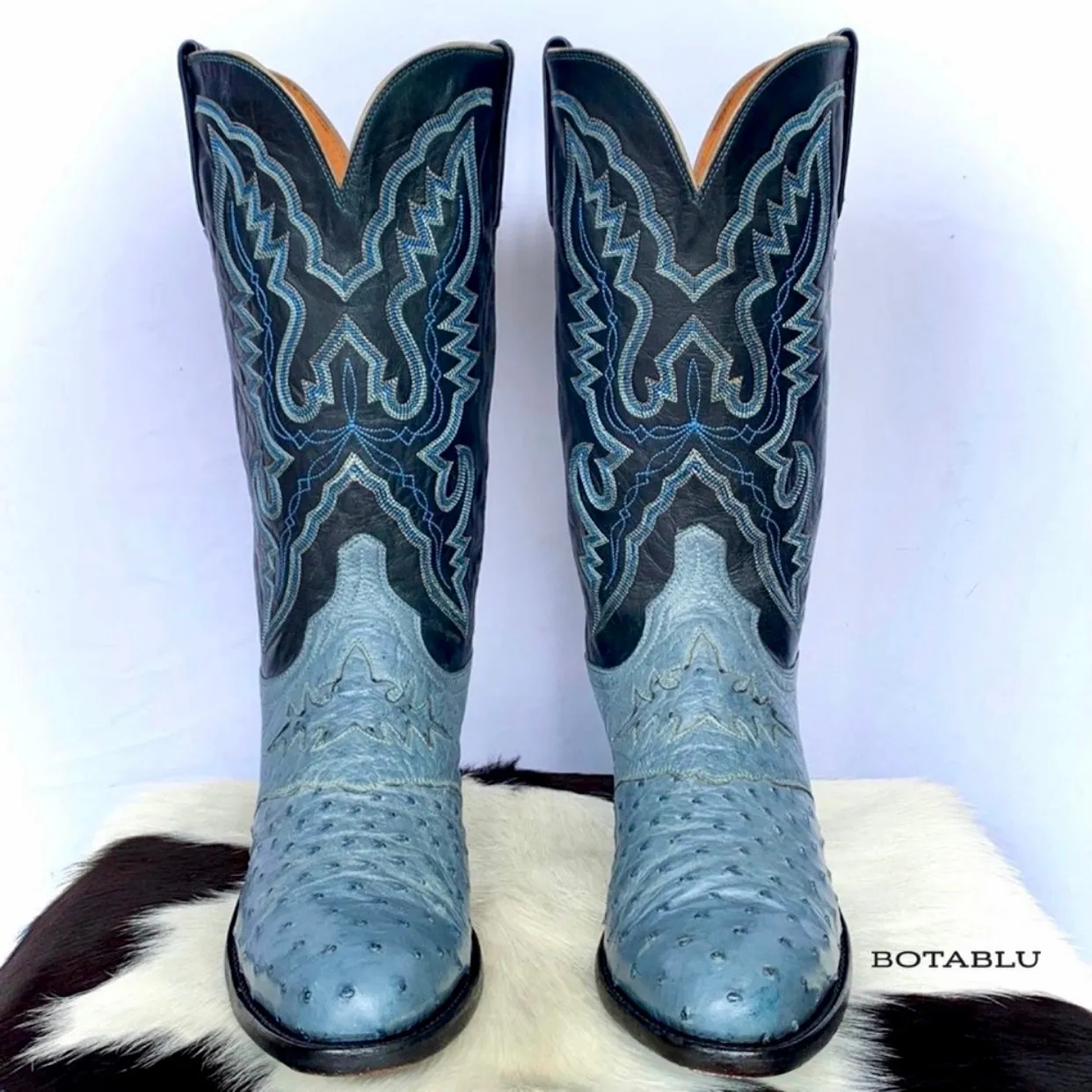 LUCCHESE 1883 Ostrich Exotic Skin Goat Leather Blue Cowboy Western Boots