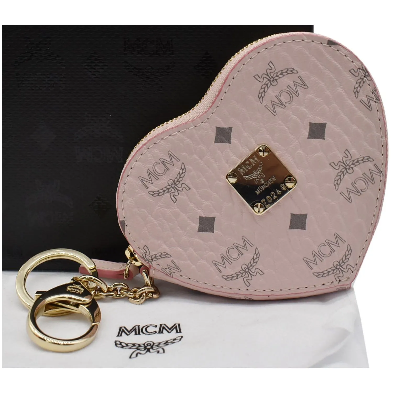 MCM Heart Coin Visetos Charm Monogram Canvas Pouch Pink