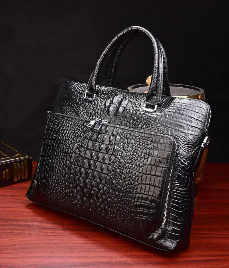 Men’s Crocodile Leather Briefcase Laptop Bag, Black/Maroon, 15 inches