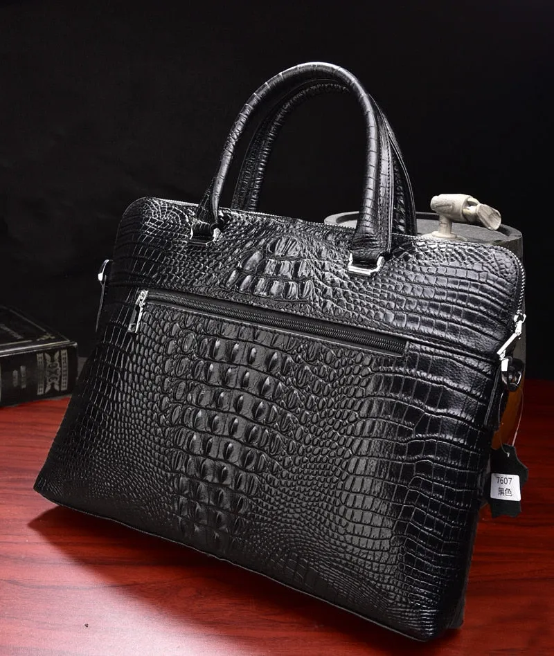 Men’s Crocodile Leather Briefcase Laptop Bag, Black/Maroon, 15 inches