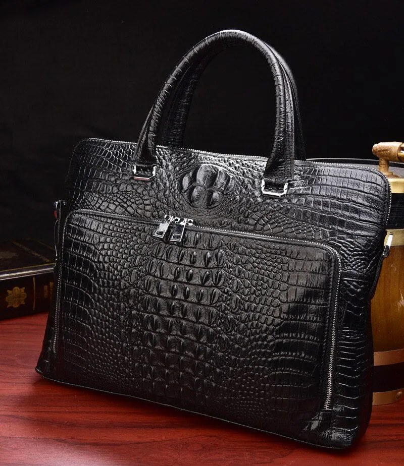 Men’s Crocodile Leather Briefcase Laptop Bag, Black/Maroon, 15 inches