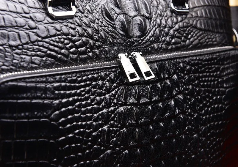 Men’s Crocodile Leather Briefcase Laptop Bag, Black/Maroon, 15 inches