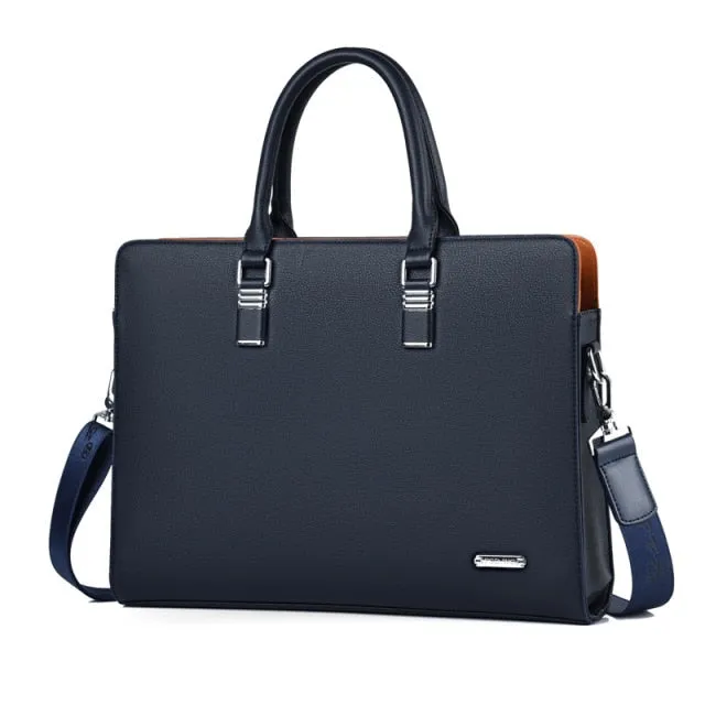 Men's Zippered Vegan Leather Office Briefcase, 14 inches, Black/Blue