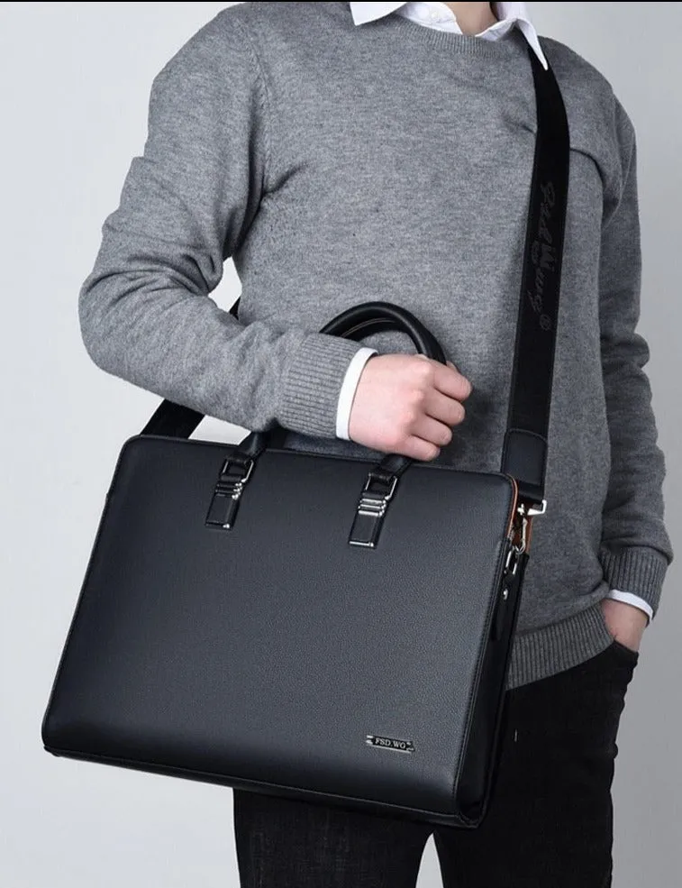 Men's Zippered Vegan Leather Office Briefcase, 14 inches, Black/Blue