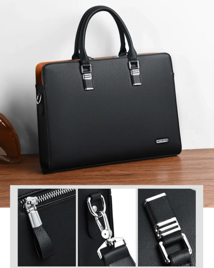 Men's Zippered Vegan Leather Office Briefcase, 14 inches, Black/Blue
