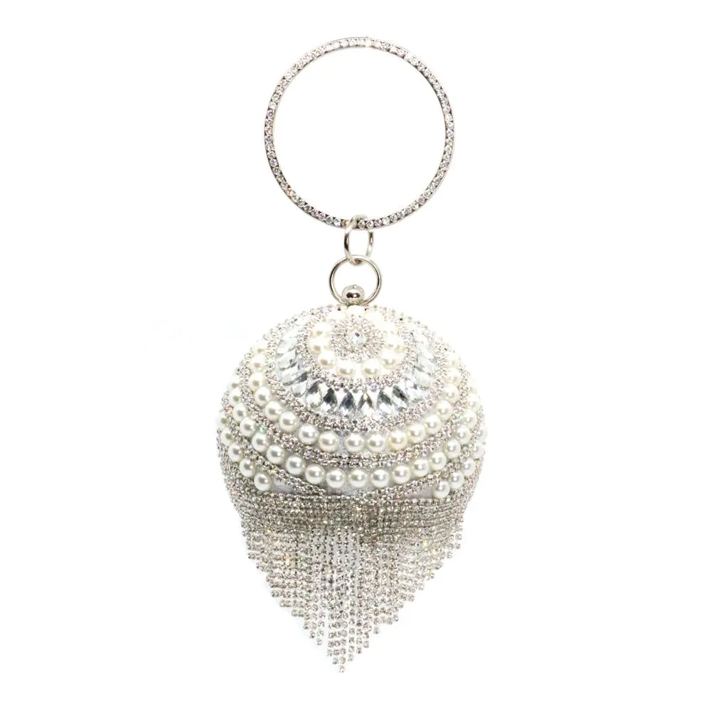 New Round Ball Silver Evening Bags  Crystal Clutch Circular Chain Tassels