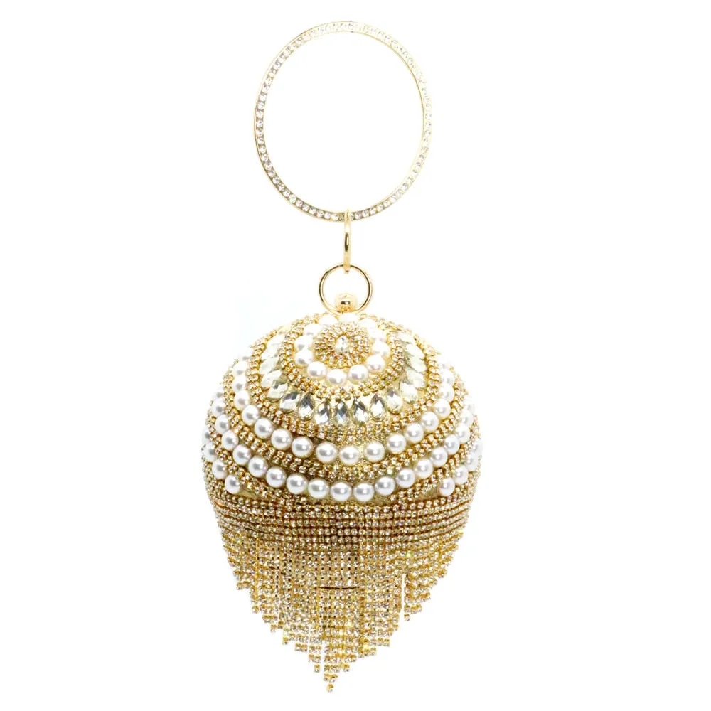 New Round Ball Silver Evening Bags  Crystal Clutch Circular Chain Tassels