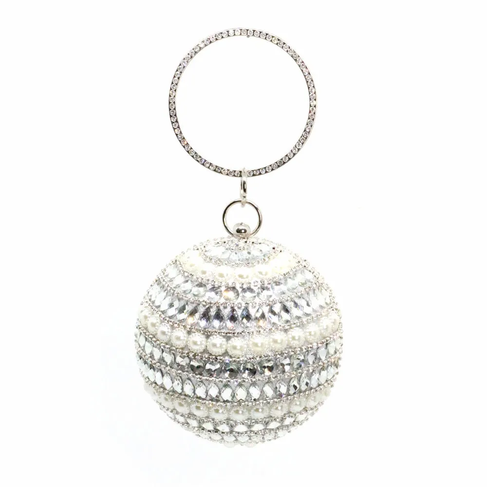 New Round Ball Silver Evening Bags  Crystal Clutch Circular Chain Tassels