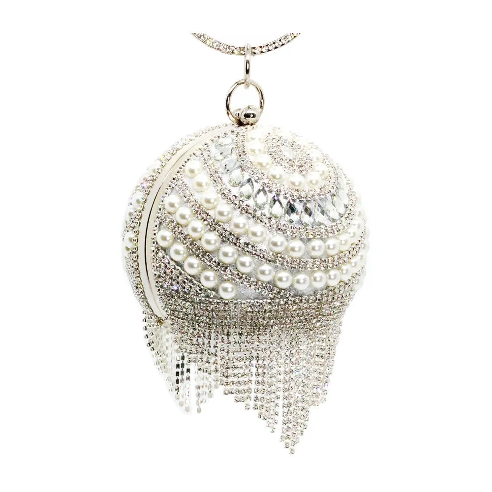 New Round Ball Silver Evening Bags  Crystal Clutch Circular Chain Tassels