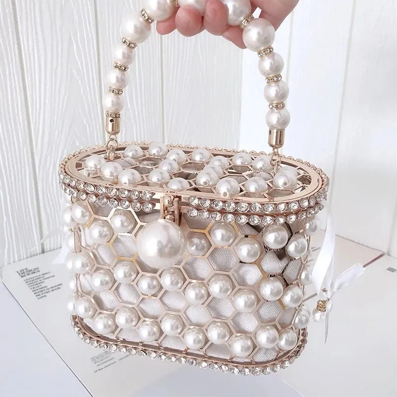 Pearl Women's Handbag Wedding Clutch Purse Metal Basket Shoulder Bag