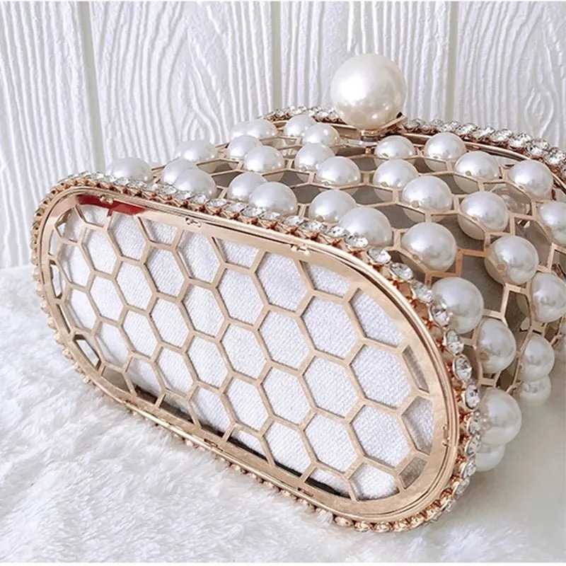 Pearl Women's Handbag Wedding Clutch Purse Metal Basket Shoulder Bag