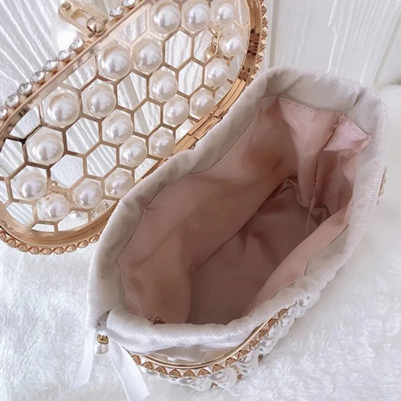 Pearl Women's Handbag Wedding Clutch Purse Metal Basket Shoulder Bag