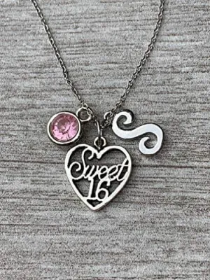 Personalized Sweet 16 Charm Birthday Necklace with Letter & Birthstone