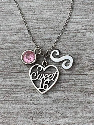 Personalized Sweet 16 Charm Birthday Necklace with Letter & Birthstone