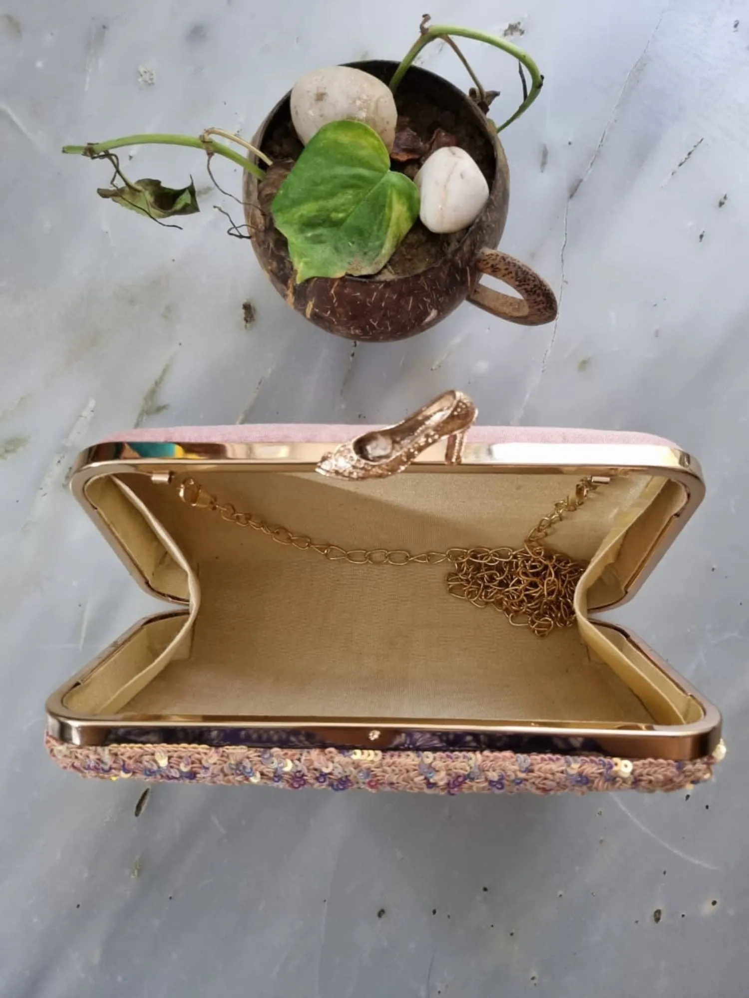 Pink High Heels Handembroidered sequins Clutch