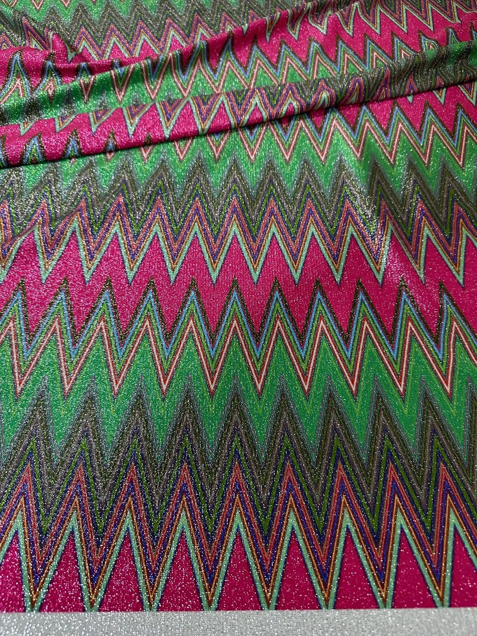 Pink Zigzag Knit Lurex Fabric with 4-Way Stretch  Ideal for Fashion and Crafts