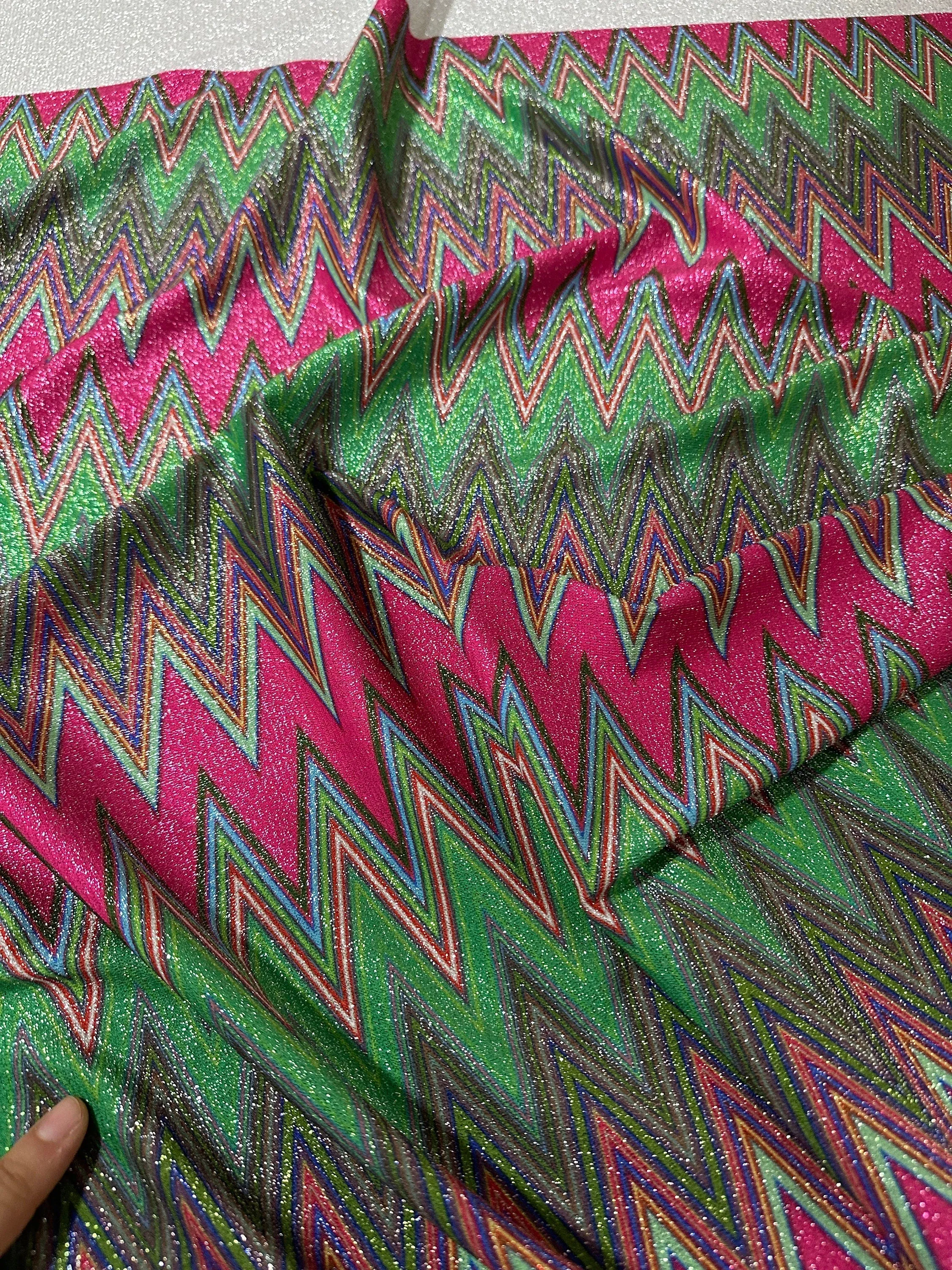 Pink Zigzag Knit Lurex Fabric with 4-Way Stretch  Ideal for Fashion and Crafts