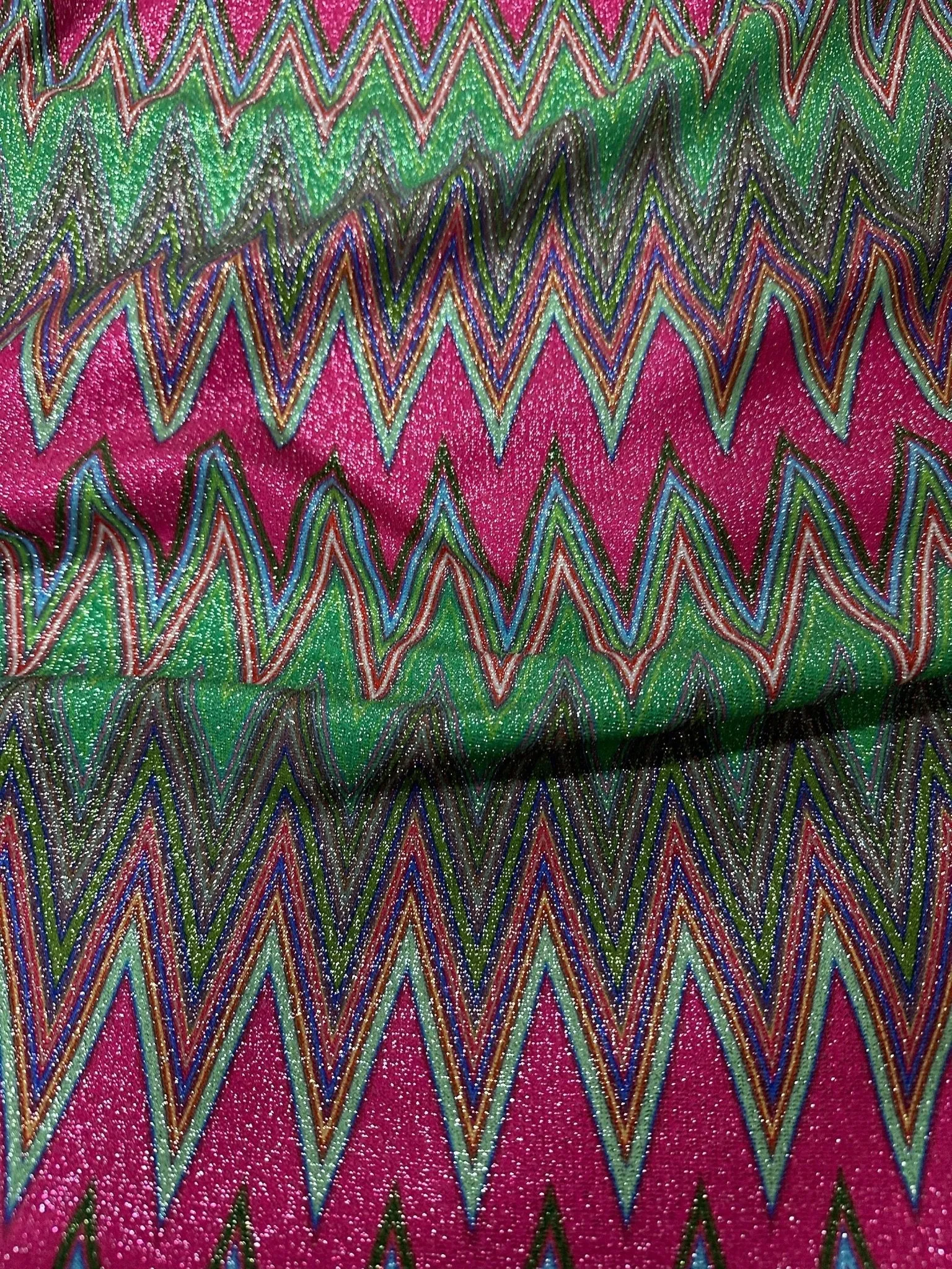 Pink Zigzag Knit Lurex Fabric with 4-Way Stretch  Ideal for Fashion and Crafts