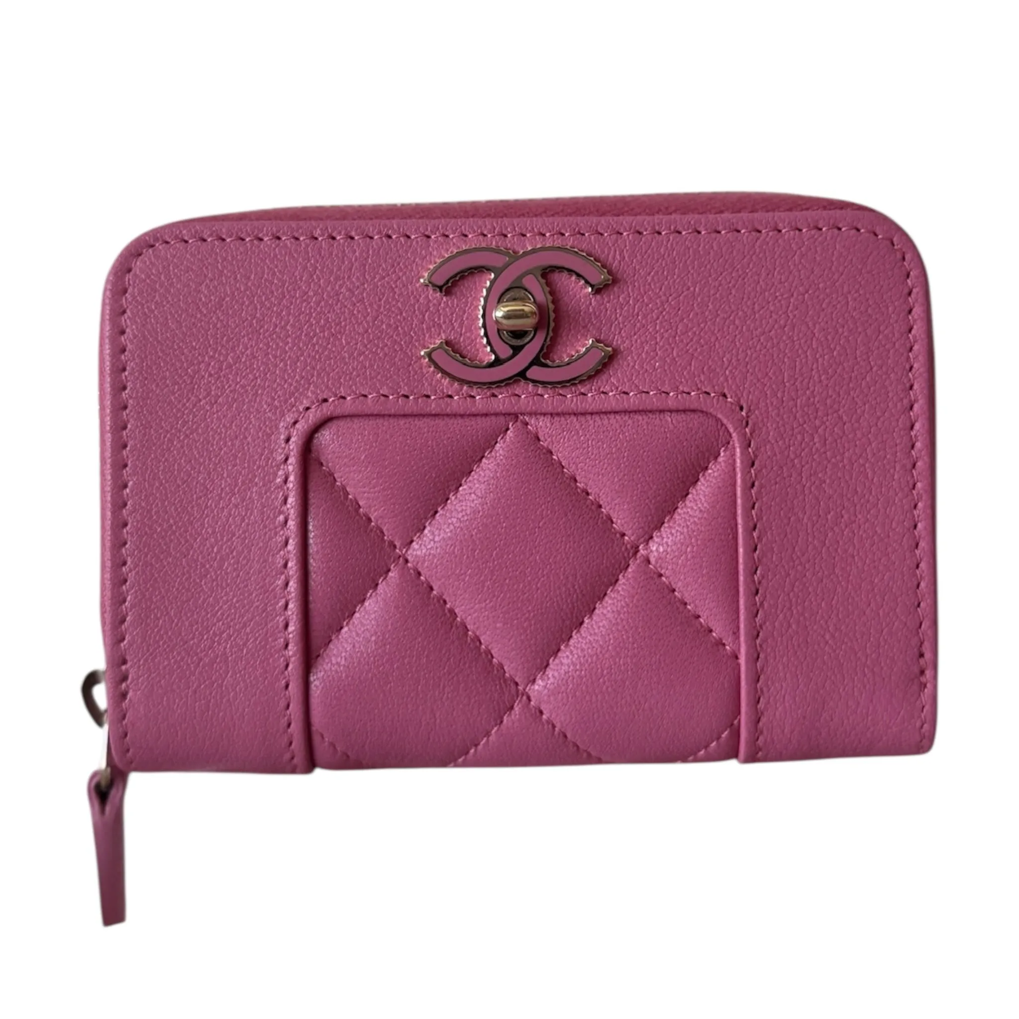 PRE-OWNED CC Pink Quilted Leather Mademoiselle Vintage Zip Coin Purse