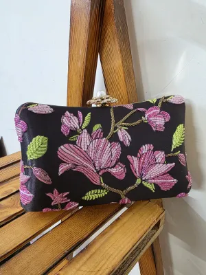Printed embroidered clutch bag