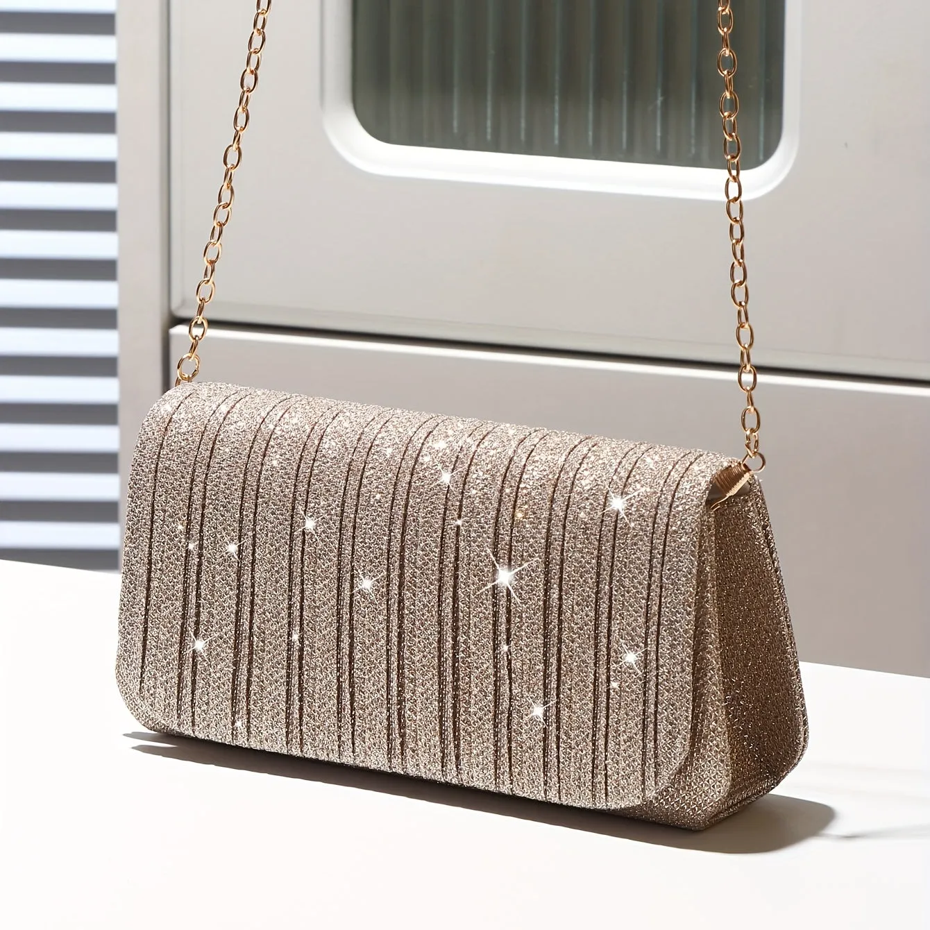 realaiot Glitter Ruched Evening Clutches, Luxury Dress Flap Purse, Women's Handbag For Wedding Party Prom Banquet