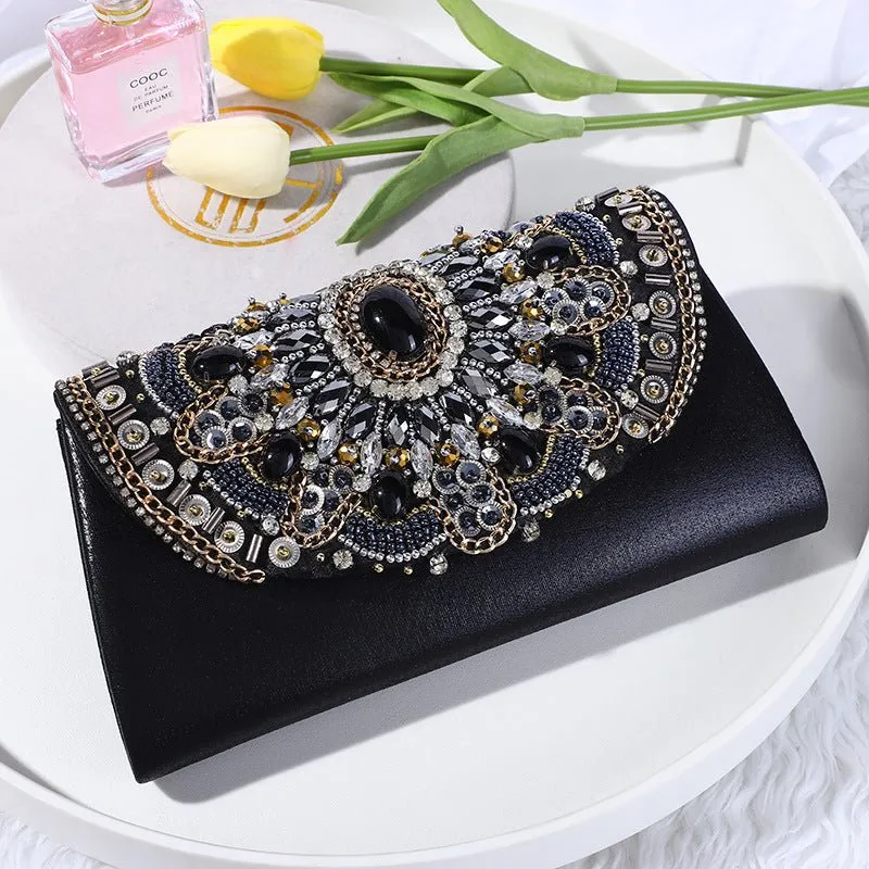 Retro Beaded Women's Clutch Black PU Leather Chain Shoulder Bag