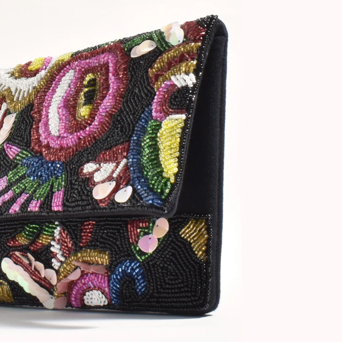 Rio Floral Beaded Fold Over Clutch (Black/Multi)