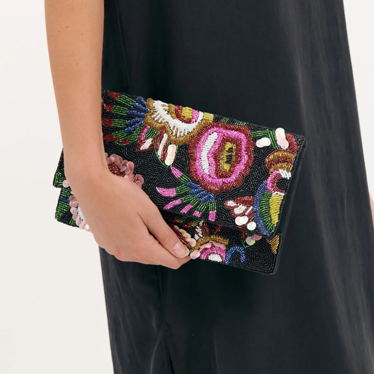Rio Floral Beaded Fold Over Clutch (Black/Multi)
