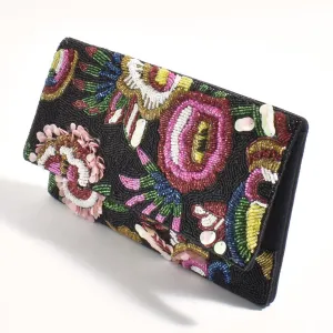 Rio Floral Beaded Fold Over Clutch (Black/Multi)