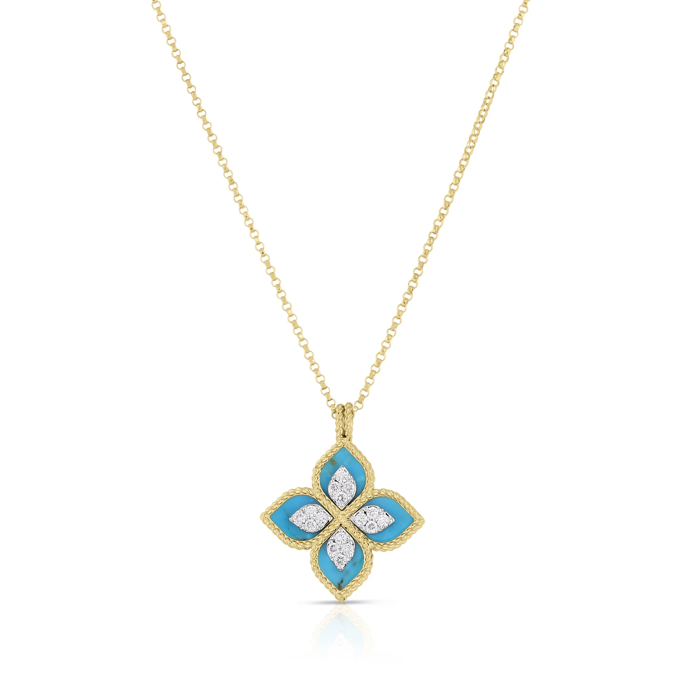 Roberto Coin 18k Yellow & White Gold Venetian Princess Flower Turquoise & Diamond Necklace 16-18" Adjustable Chain (D=.15)