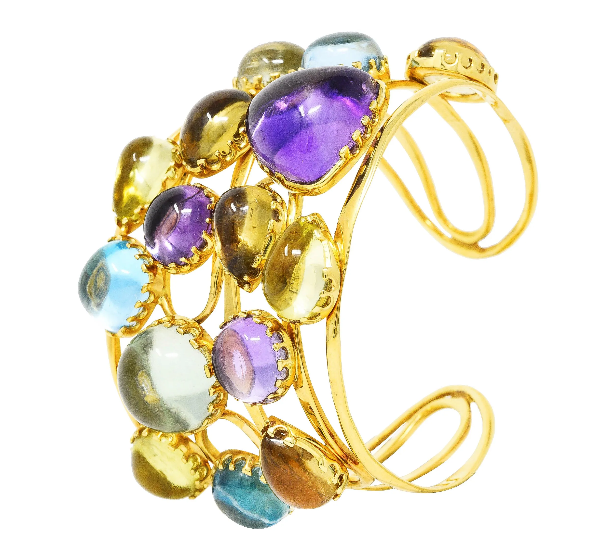 Roberto Coin 1990's Amethyst Peridot Topaz Citrine 18 Karat Yellow Gold Ipanema Vintage Multi-Gem Cuff Bracelet