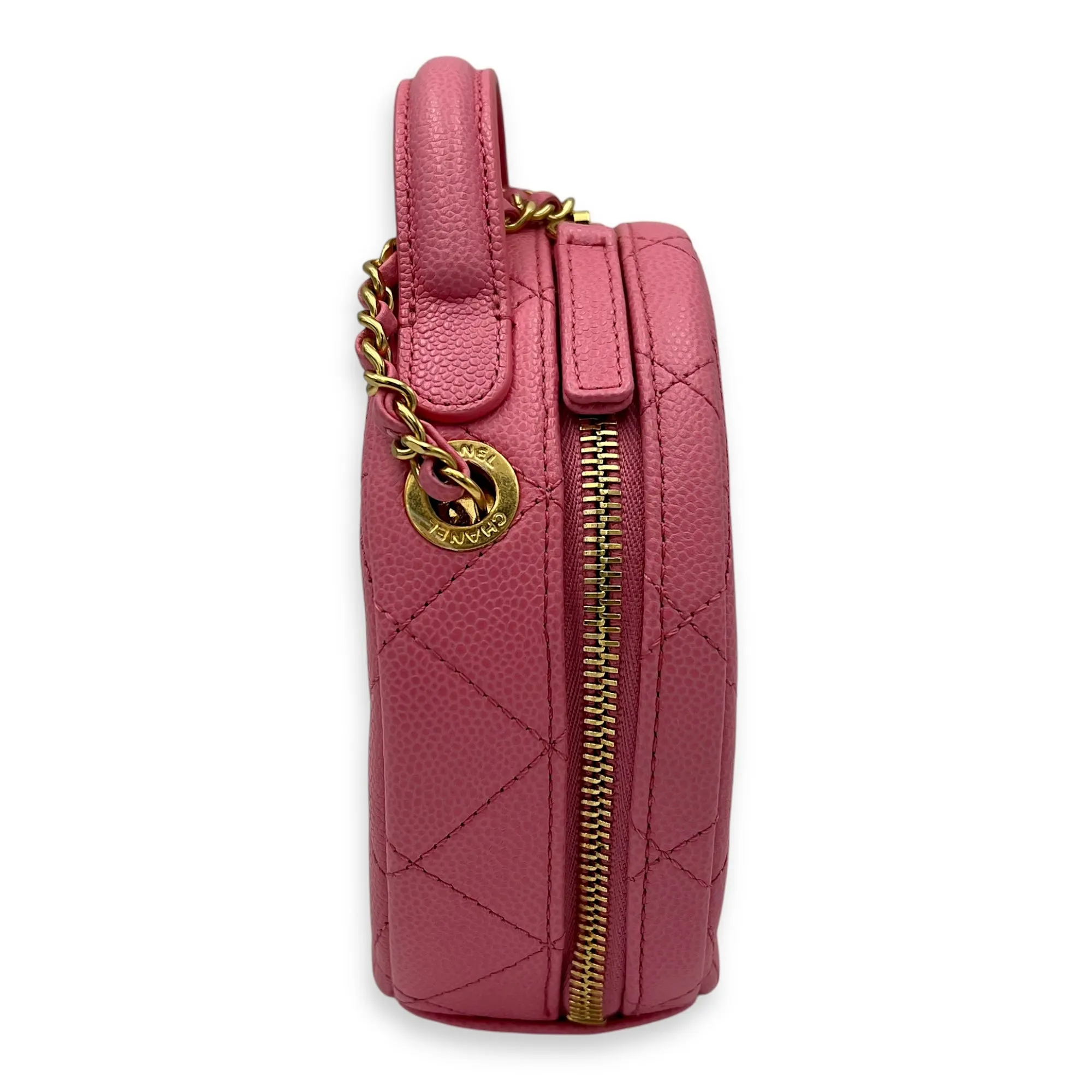 Round Crossbody Bag Pink in Caviar Leather, Gold hardware