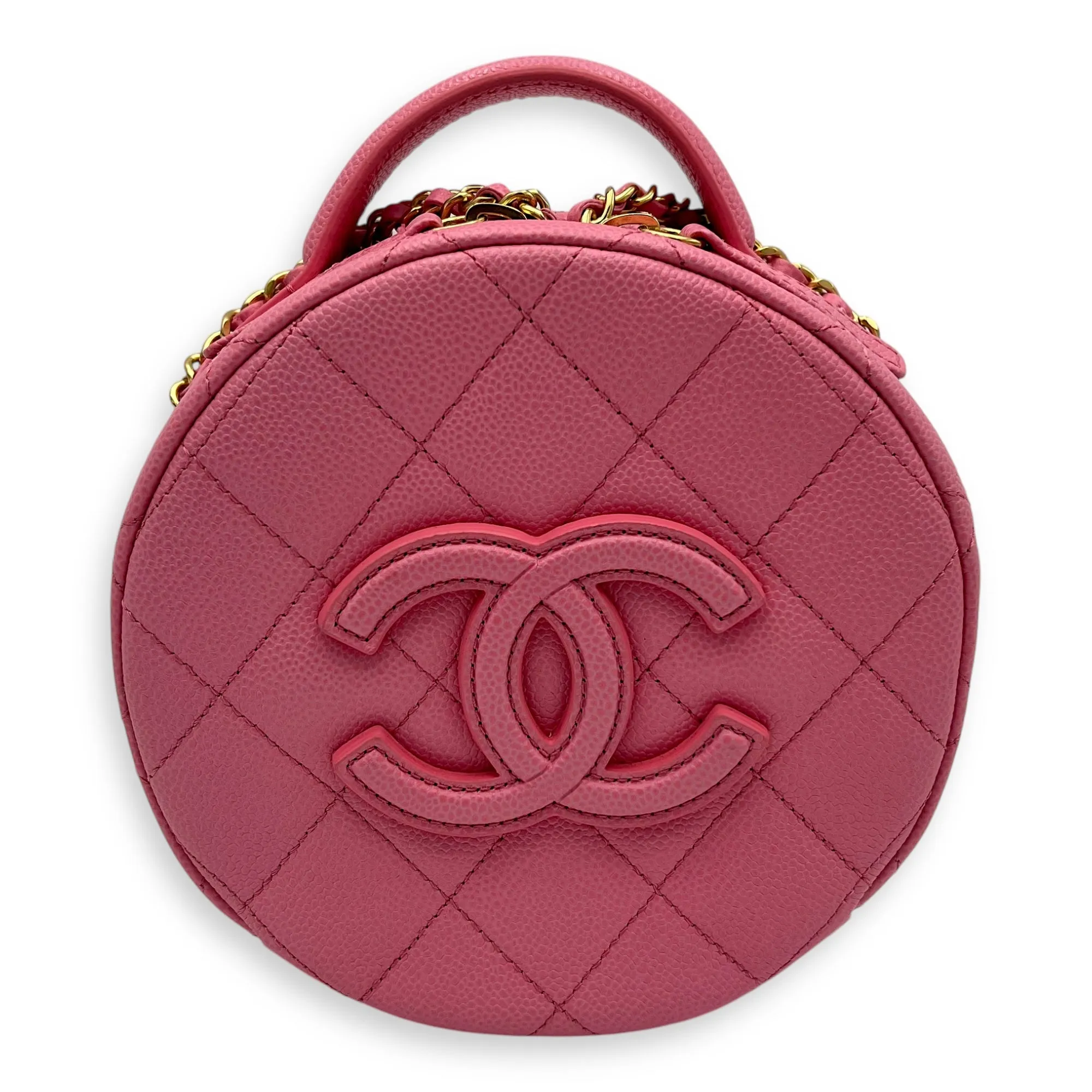 Round Crossbody Bag Pink in Caviar Leather, Gold hardware
