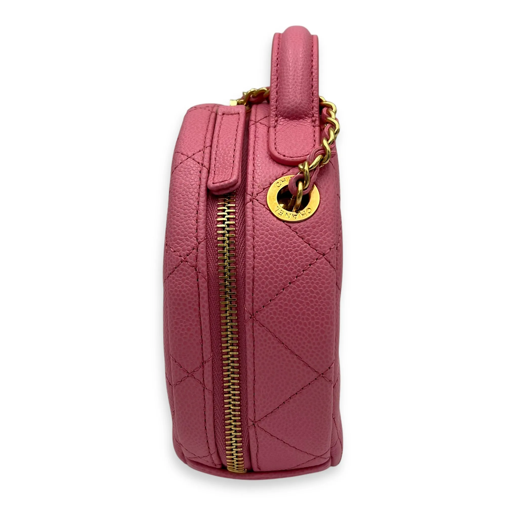 Round Crossbody Bag Pink in Caviar Leather, Gold hardware