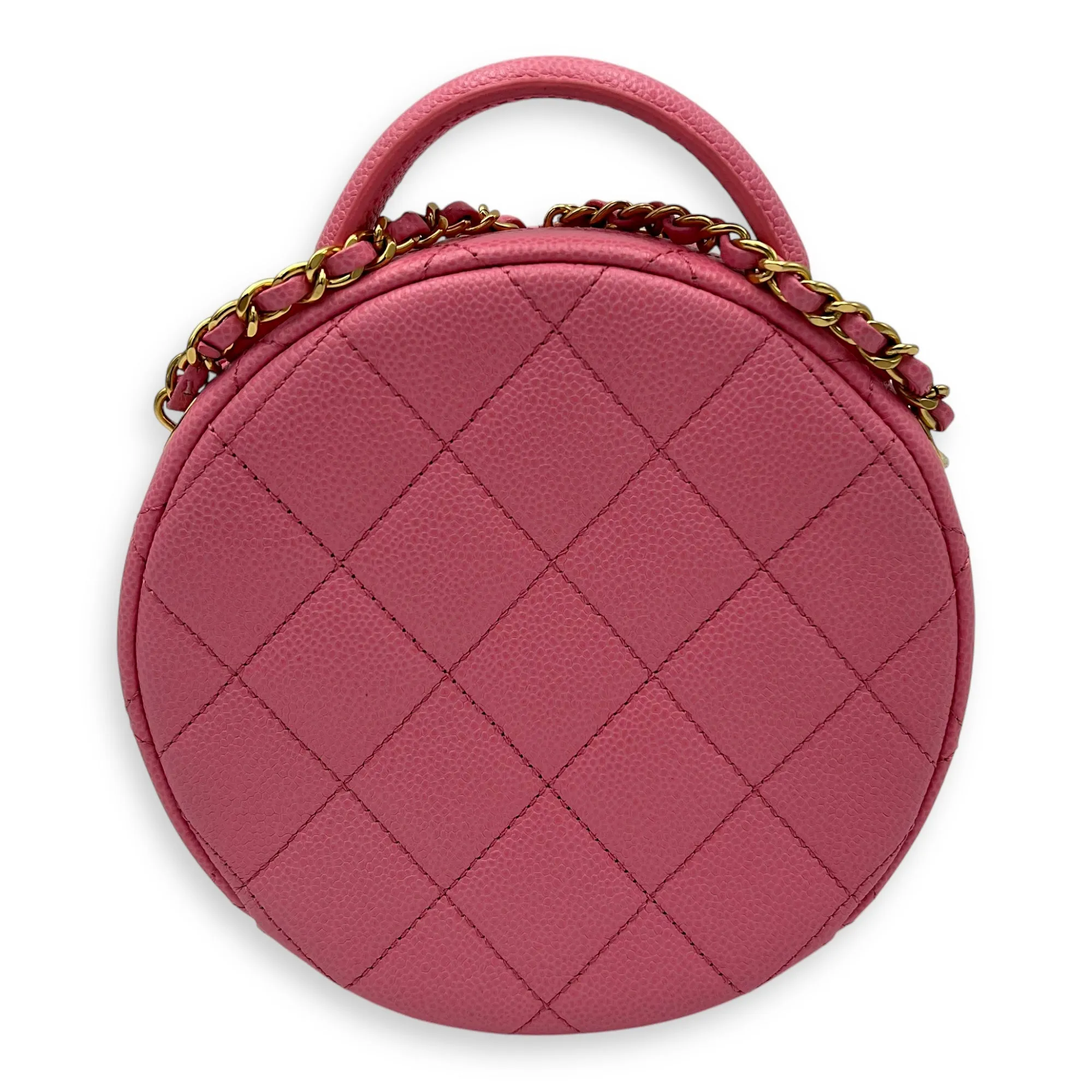 Round Crossbody Bag Pink in Caviar Leather, Gold hardware