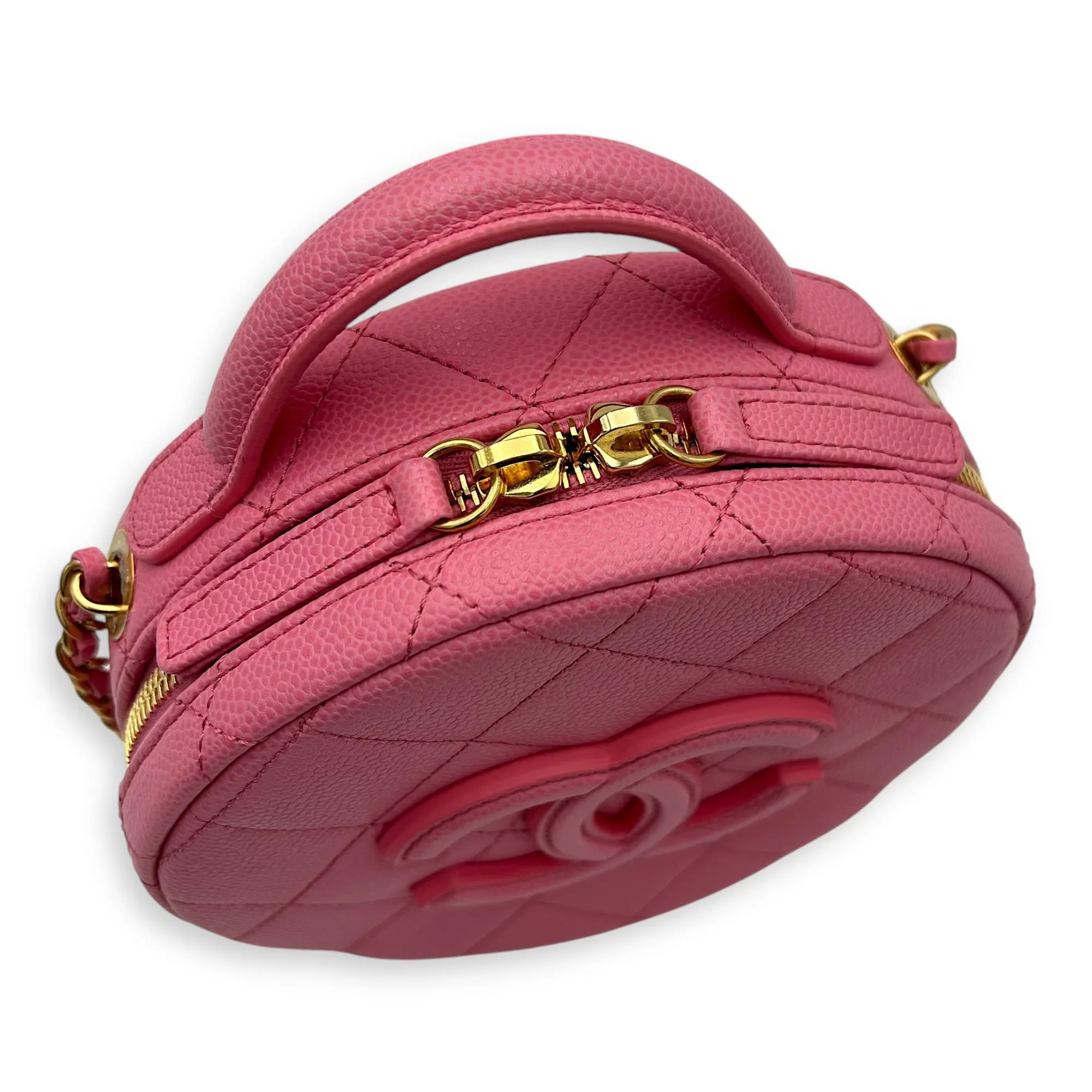 Round Crossbody Bag Pink in Caviar Leather, Gold hardware