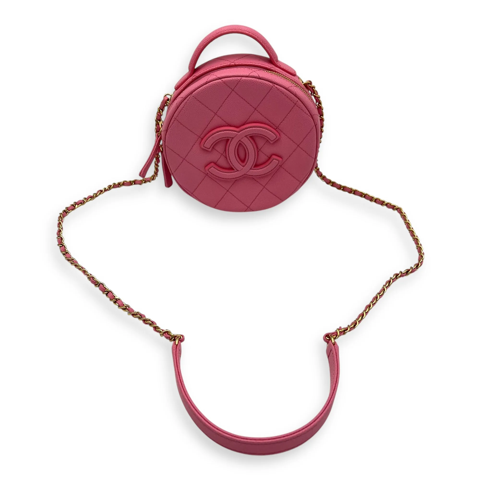 Round Crossbody Bag Pink in Caviar Leather, Gold hardware