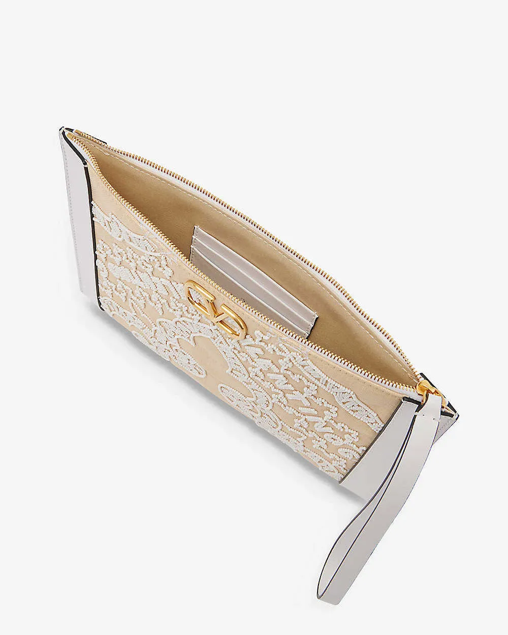 Small Bead Embellished Raffia Pouch in Bianco