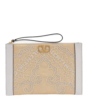 Small Bead Embellished Raffia Pouch in Bianco
