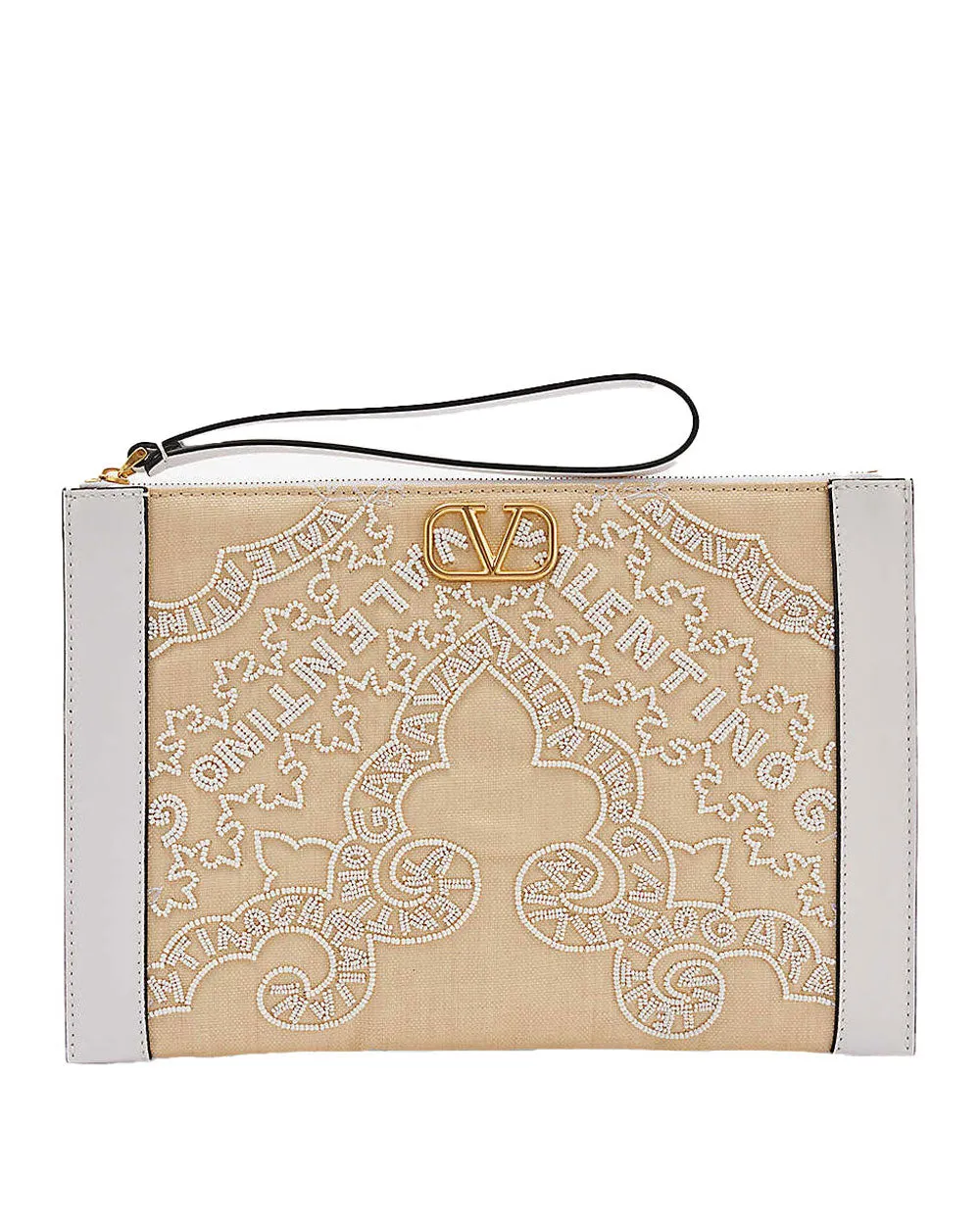 Small Bead Embellished Raffia Pouch in Bianco