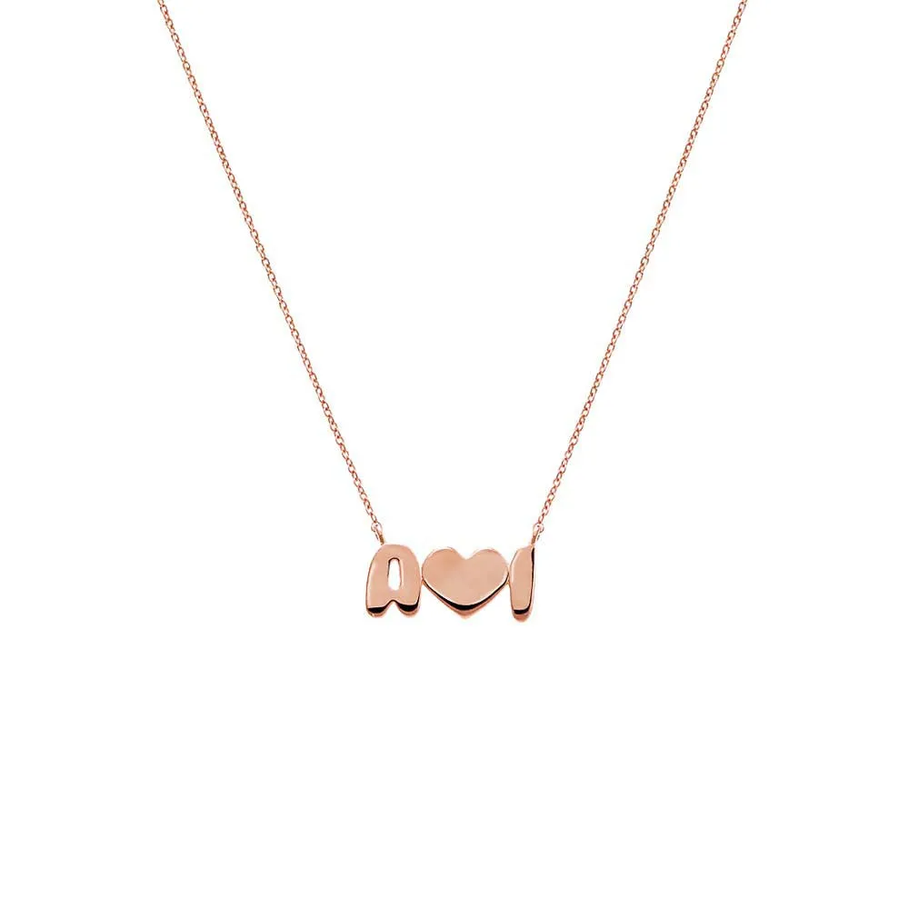 Solid Bubble Double Initials Heart Necklace 14K