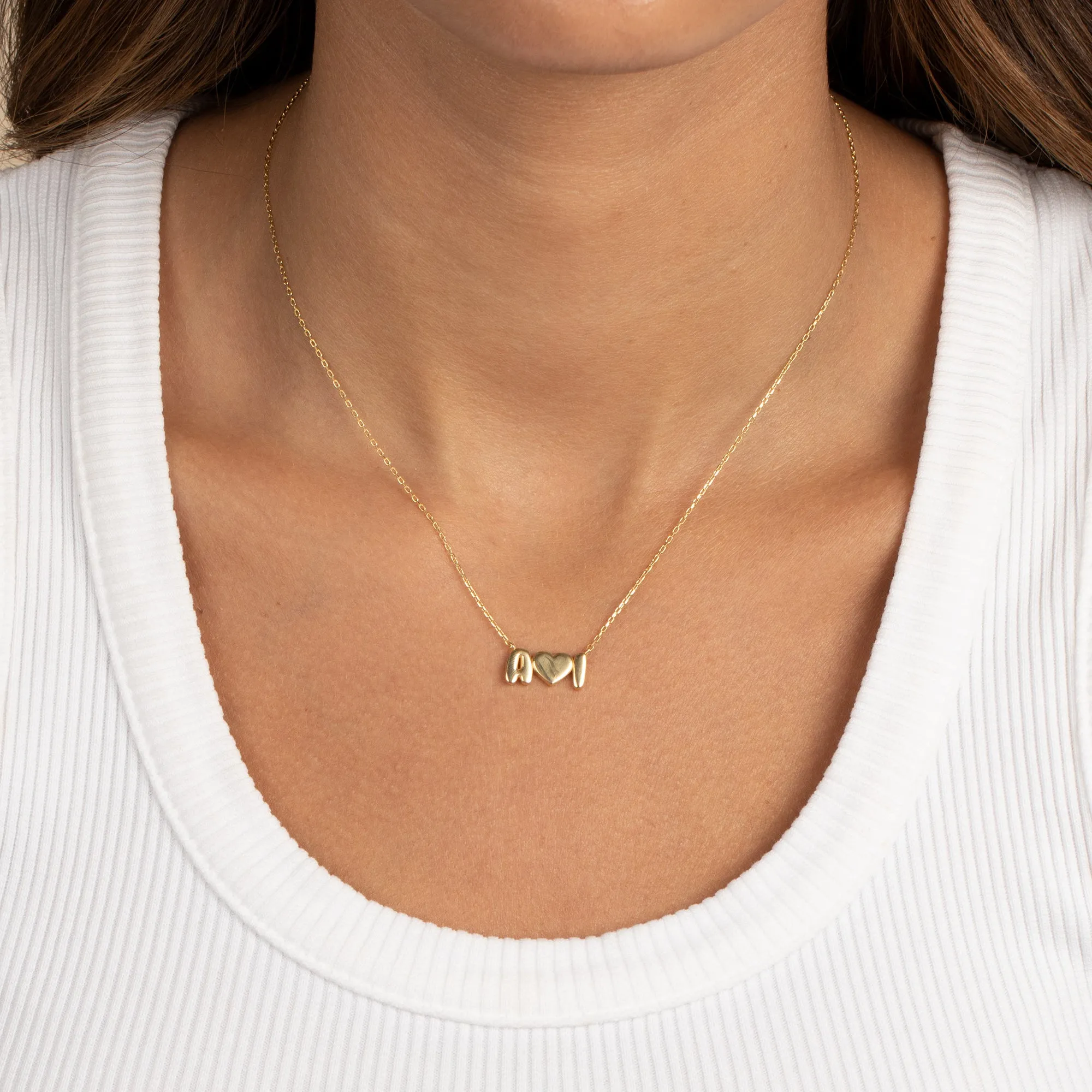 Solid Bubble Double Initials Heart Necklace 14K
