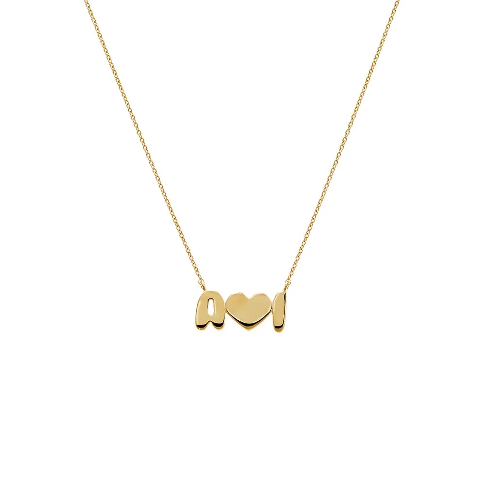 Solid Bubble Double Initials Heart Necklace 14K
