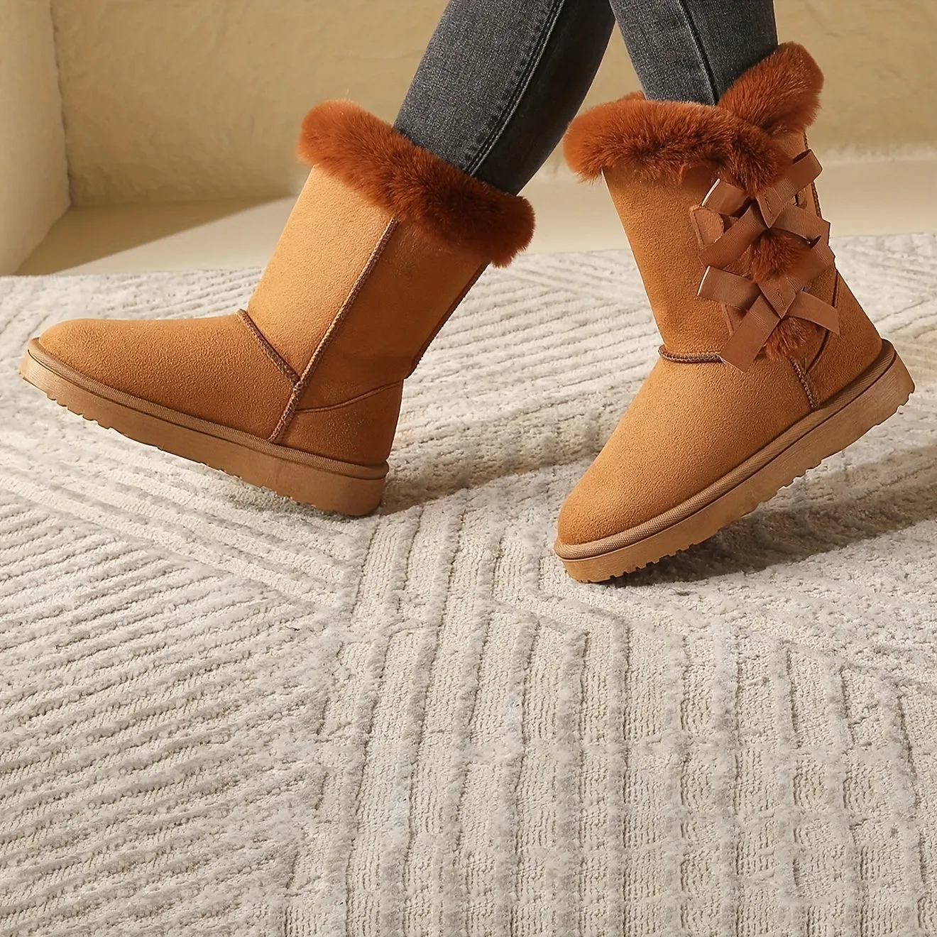 Solid Color Womens Fabric Snow Boots with Faux Fur Trim
