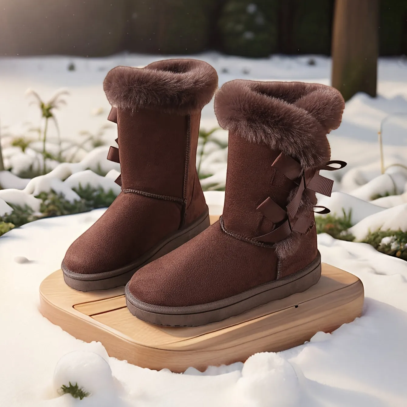 Solid Color Womens Fabric Snow Boots with Faux Fur Trim