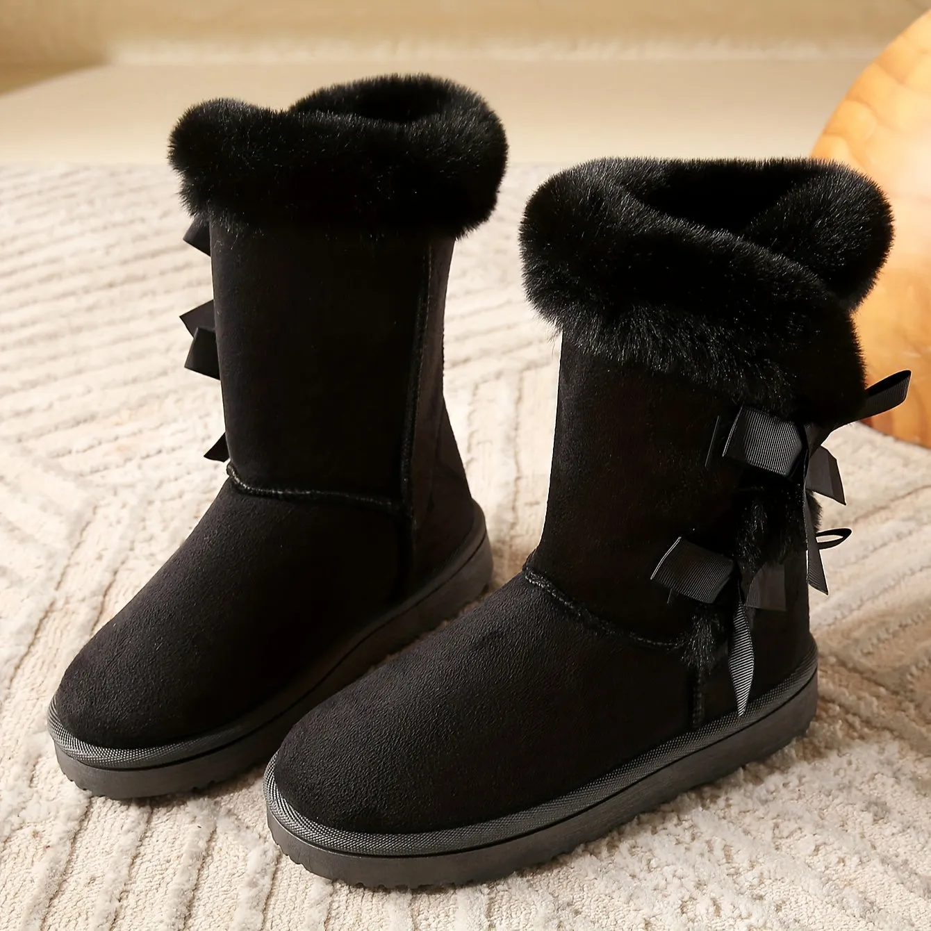 Solid Color Womens Fabric Snow Boots with Faux Fur Trim