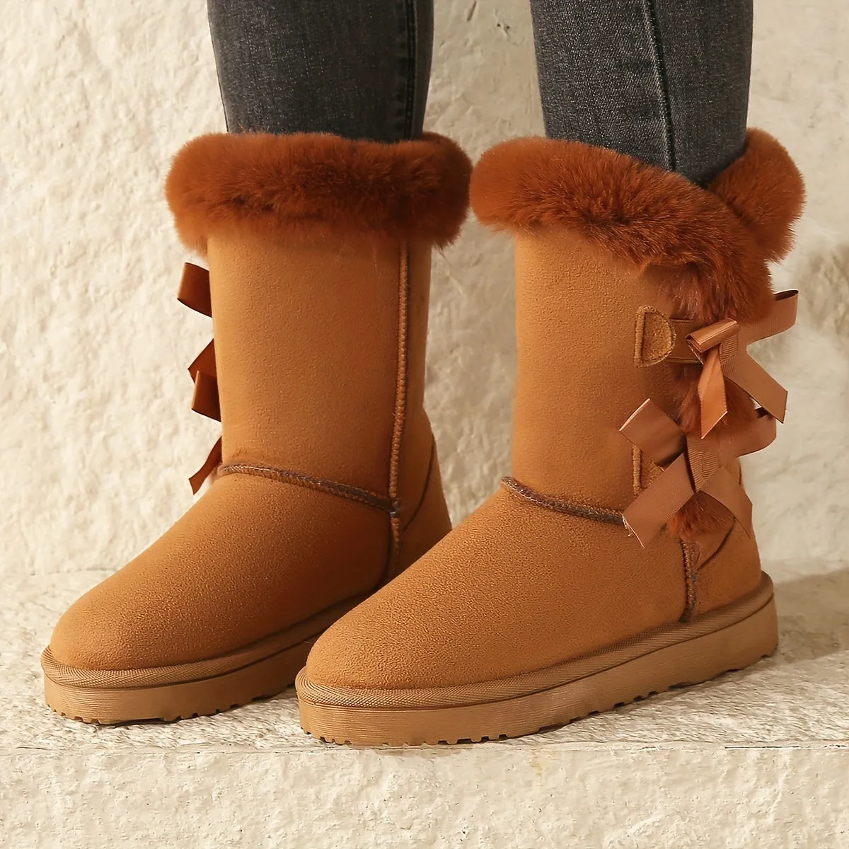 Solid Color Womens Fabric Snow Boots with Faux Fur Trim
