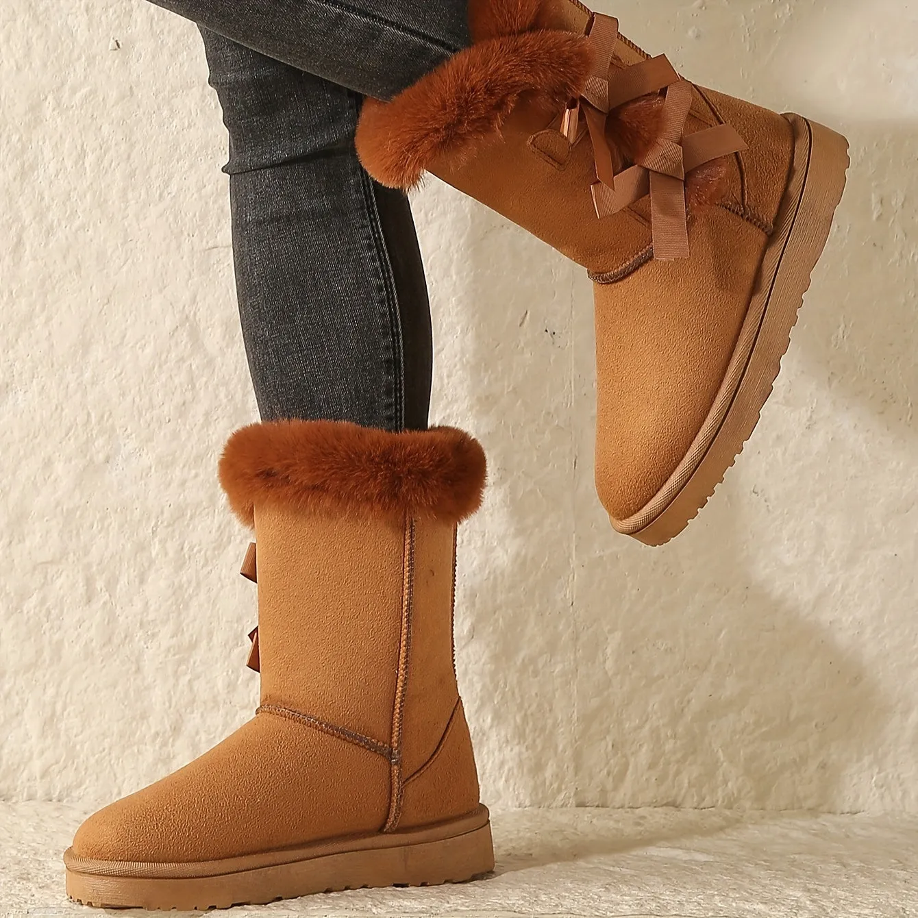 Solid Color Womens Fabric Snow Boots with Faux Fur Trim