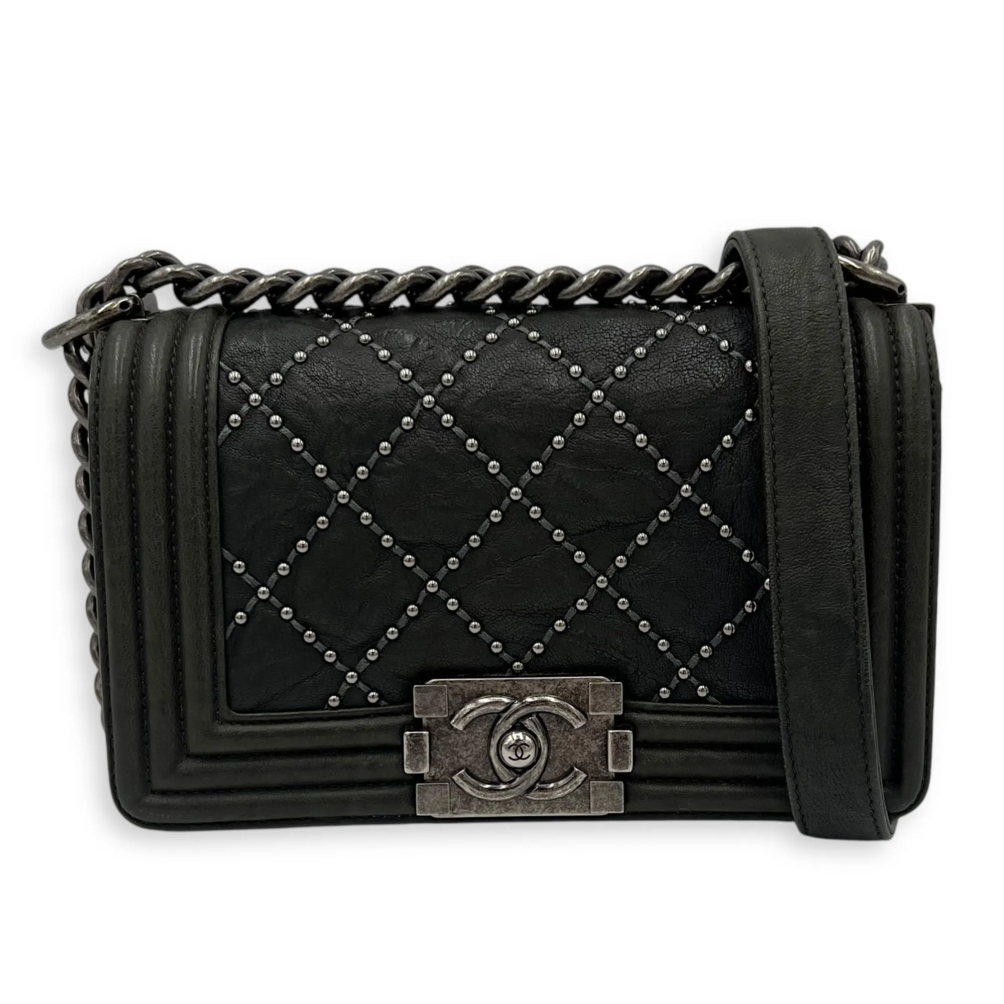 Studded Boy Small Crossbody bag in Calfskin, Ruthenium Hardware