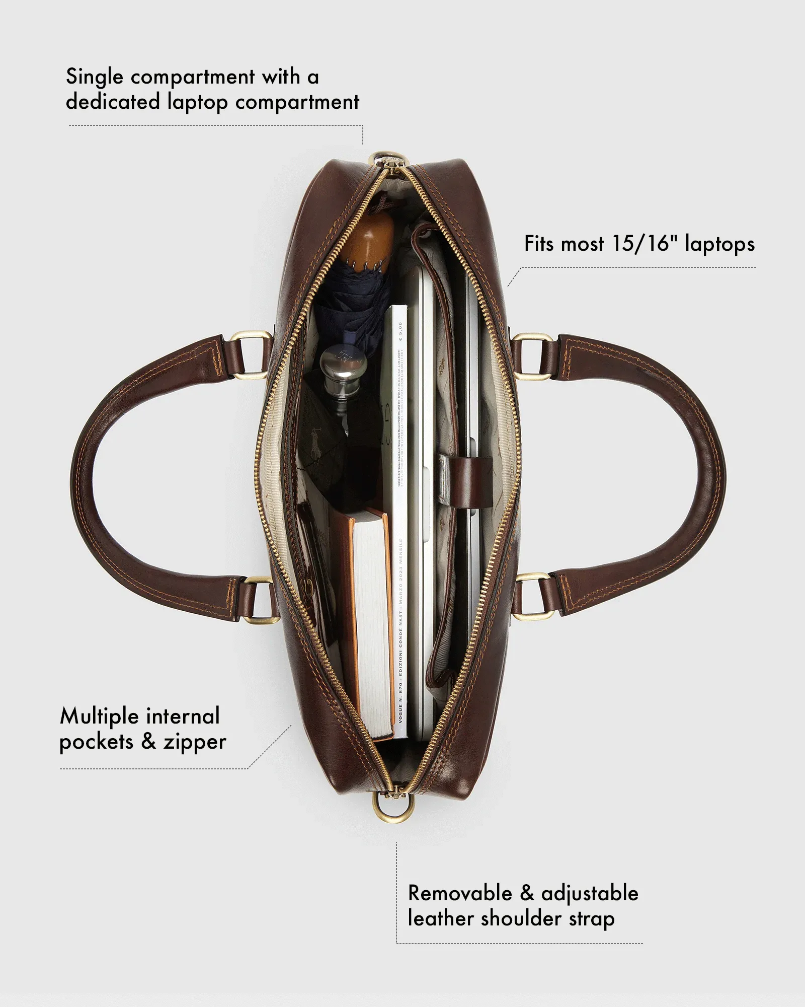 Tokyo Brown - Slim Leather Laptop Briefcase